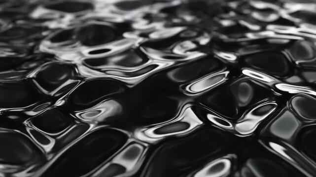 Captivating dynamic surface of viscous dark fluid ripples with striking reflective highlights, creating an abstract, organic, and captivating textured visual pattern for various creative