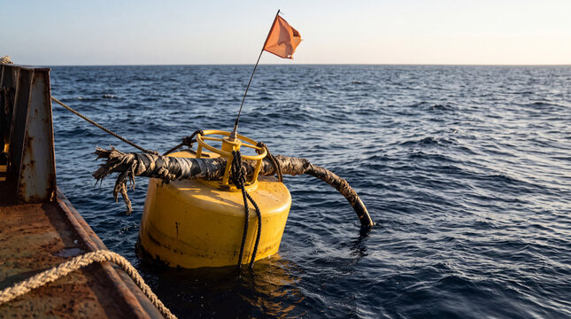 Submarine communications cable end lashed to a yellow marker buoy in the open ocean during repair operations