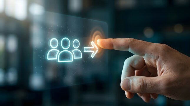 Businessman touching a digital futuristic interface with people icons and an arrow, symbolizing recruitment, leadership, team management, and business growth concept.