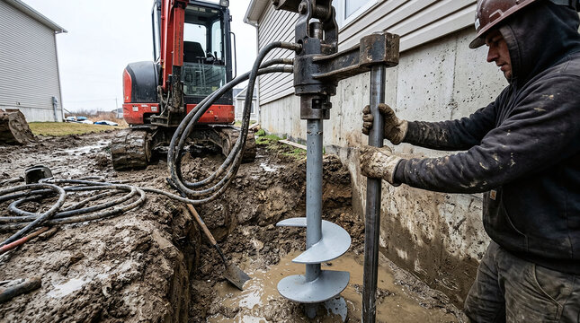 Construction worker installing a steel helical pier into a muddy pit to stabilize a house foundation.