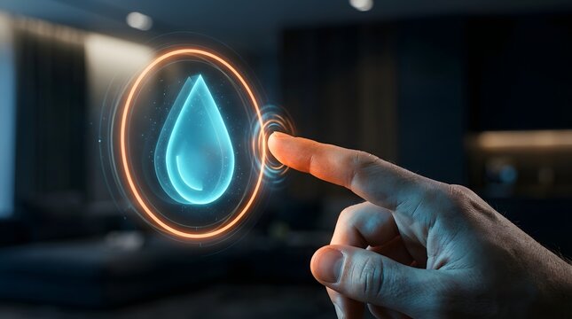 Hand interacting with a glowing digital water drop hologram in a smart home, symbolizing water management, conservation, and advanced technology for a sustainable future.