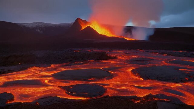Witness the raw, primal power of earth's fiery heart as molten rock flows across the landscape, painting the twilight sky with incandescent hues during a spectacular volcanic eruption spectacle