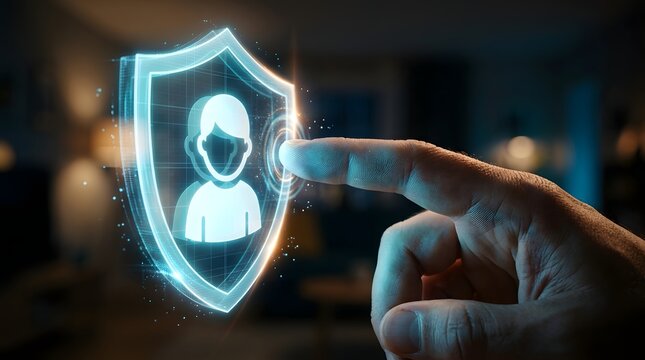 Cybersecurity and personal data protection concept with hand touching a digital shield icon representing individual privacy and secure digital identity in a virtual environment.