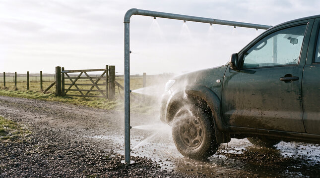 Automated vehicle wheel wash arch spraying water on a muddy pickup truck at a farm gate.