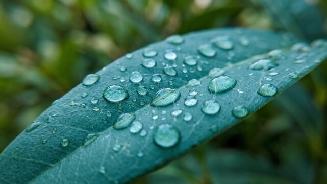 Close-up of clear water droplets beading on a smooth, slightly textured teal leaf, beautifully reflecting the surrounding natural light after a refreshing rain shower.