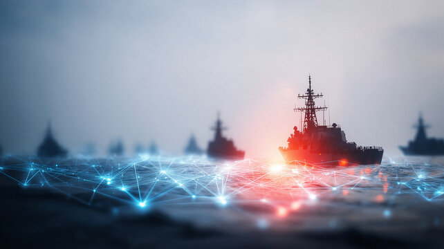 Naval warships moving across a connected digital sea represent maritime defense fleet communication and modern military technology.
