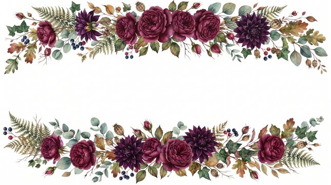 Elegant vintage floral garland with deep burgundy roses and autumn
