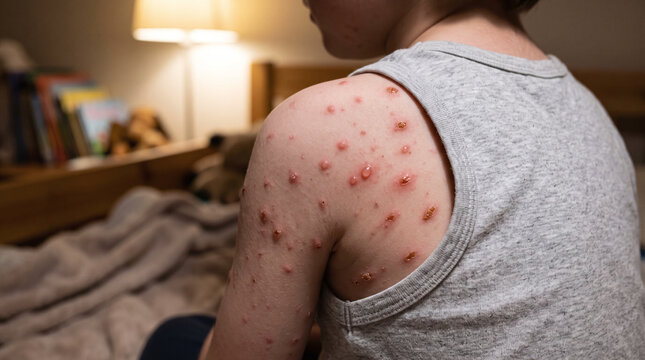 Child with chickenpox showing mixed crops of papules and fluid-filled vesicles on the shoulder.