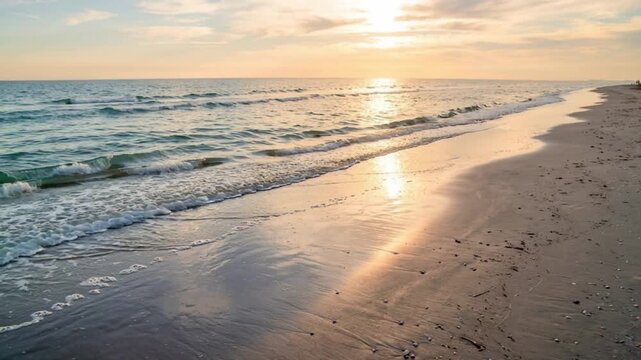 Gentle ocean waves in soft blues and teals gracefully lapping against a smooth, damp sandy shore under the golden glow of a radiant sunrise or sunset.