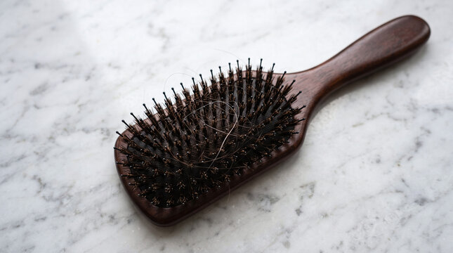 Dark wooden hairbrush with a single white hair caught in the bristles on a marble vanity.