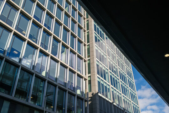 Silver Fin Office Building viewed from Justice Mill Lane on a bright clear day in Aberdeen City Scotland showing modern glass architecture