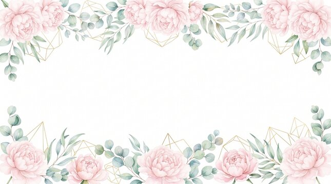Elegant watercolor floral border with roses and eucalyptus for