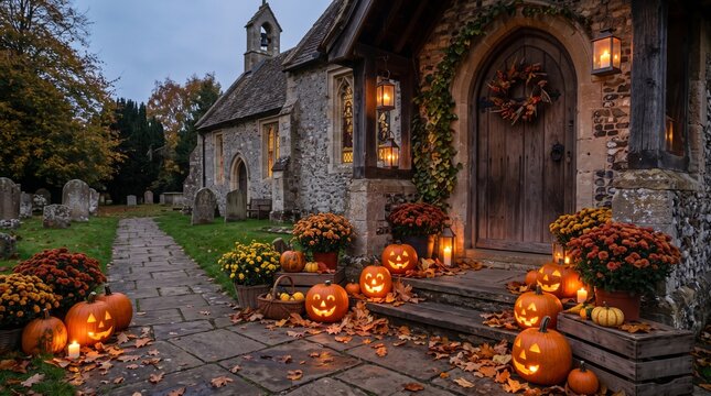 All Hallows' Eve Autumn Celebration with Pumpkins, Candle Lanterns, Flowers and Fall Decor