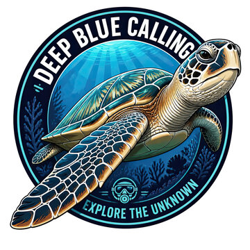 Green sea turtle inside a round ocean emblem. Circular badge featuring aquatic plants with a small scuba diver icon and adventure typography.