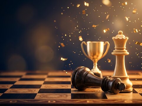 Chess game victory with gold trophy and falling confetti on board