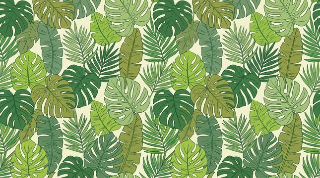 Seamless tropical leaf pattern with monstera, palm and banana leaves in green. Repeat vector surface design for textile, wallpaper, packaging and fashion prints.
