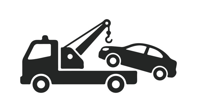 Tow truck towing broken car silhouette vector icon isolated on white background for automotive service