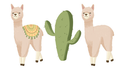 Fototapeta premium Cute alpaca with cactus isolated clip art for kids room, fabric or pattern 