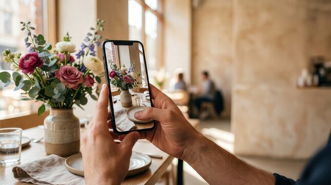Person Photographing Flower Arrangement on Table