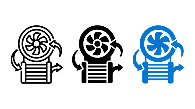 Cooling system icon design set with radiator, fan, and airflow indicator arrows