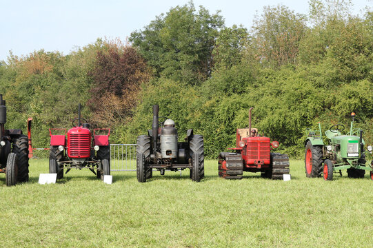 a row classic tractors at a green field at a historic farm show in the dutch countryside and a forest with trees in the background