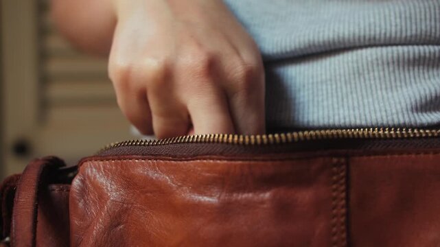 Close-up footage of a woman's hand putting a wrapped condom into a brown leather handbag, safe sex, contraception and sexual health concept. High quality 4k footage