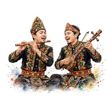 Traditional Nandong Gayo Aceh Indonesia Music Storytelling Performance Rebab Flute Watercolor Illustration Isolated White Background