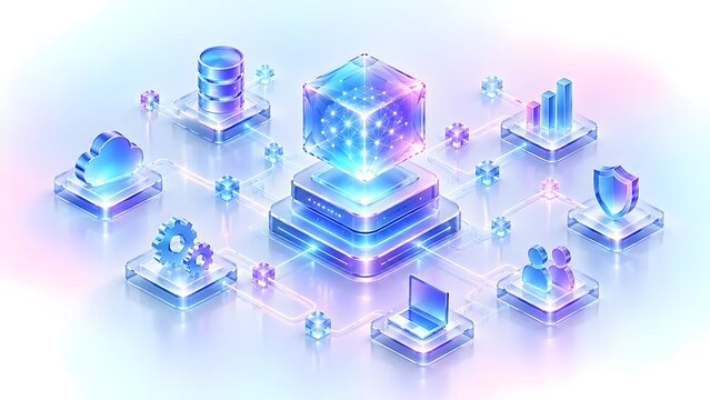 Abstract digital network connecting various technology icons and data elements representing cloud computing data storage and system integration in a futuristic concept.