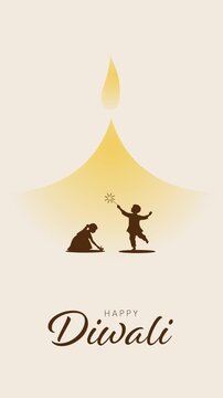 Happy Diwali Festival Greeting with Glowing Traditional Oil Lamp on Minimal Cream Background Elegant Animated Vertical Motion Graphic. Diwali Festival of Light 4K Video Animation