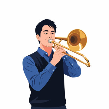 Male Trombonist Lifting Gold Trombone to Lips