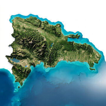 High resolution satellite view of the dominican republic island showing lush green landscape and surrounding blue ocean waters
