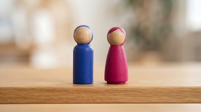 Two wooden peg dolls standing together on a table representing unity