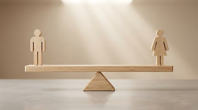 Wooden male and female figurines balancing on a scale representing