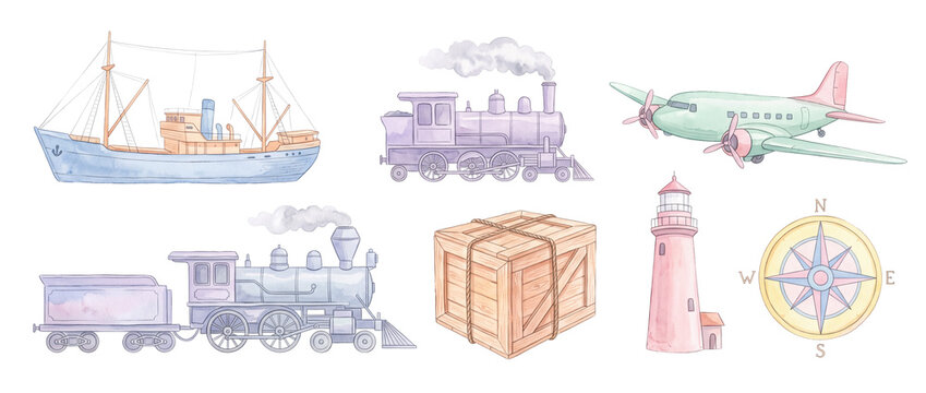 Watercolor vintage transport clipart set featuring steam train airplane ship lighthouse box compass illustration isolated for travel logistics nursery decor design and scrapbooking.