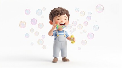 Fototapeta premium Joyful Cartoon Boy Blowing Bubbles, Childhood Fun, Summer Outdoor Activity, Rainbow Iridescent Spheres