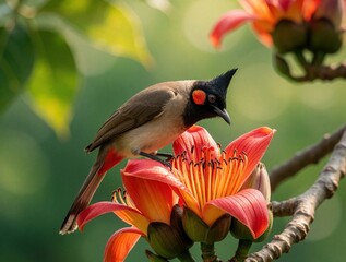 Fototapeta premium Red whiskered bulbul bird perches on bright African tulip tree flower. Small colorful bird eats nectar from orange blossom in tropical garden. Wild fauna shows vibrant feathers, black crest near rich