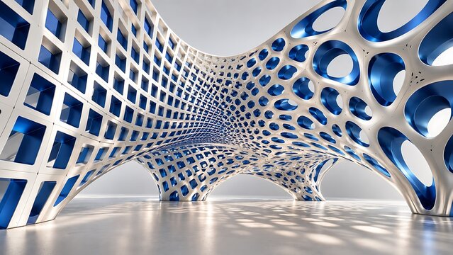 Futuristic architectural pavilion featuring complex parametric curves and perforated blue interior surfaces