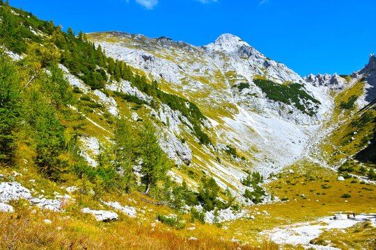 View of Mali Dra&scaron;ki Vrh mountain peak above Srenjski preval in Julian alps, Gorenjska, Slovenia