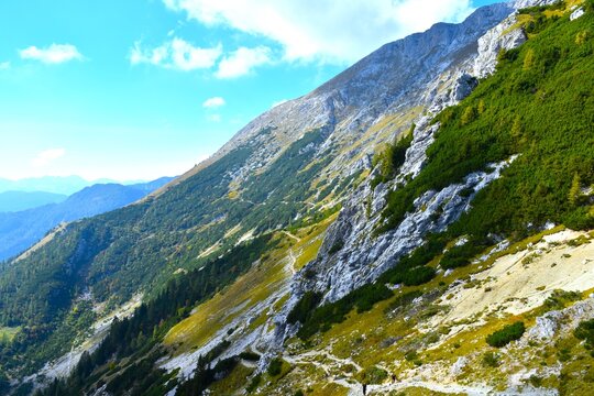 Hiking trail bellow mountain slopes bellow To&scaron;c in Julian alps, Gorenjska, Slovenia