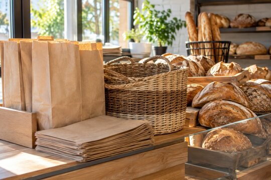 Artisan bakery counter display filled with freshly baked crusty bread loaves, woven baskets, and brown paper bags in warm morning sunlight, local shop interior