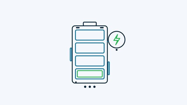 Animated flat battery storage icon in a minimal vector style, charging modules in a smooth 4K seamless loop. The symbol sits isolated in the centre of a bright light background in blue and azure, leav