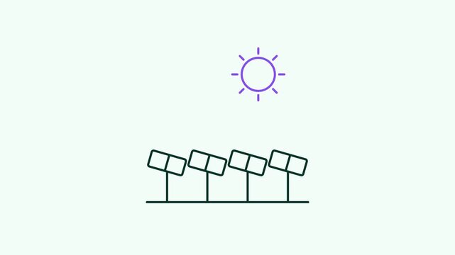 Seamless 4K looping animation of a flat solar farm icon tracking sun, centred on a clean light background with plenty of copy space. Bold outlined vector shapes in fresh green and smooth repeating mot