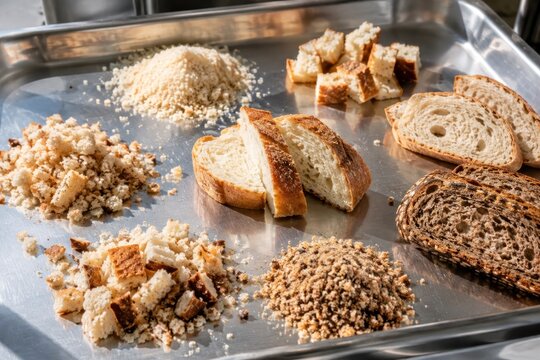 Various types of bread including sliced sourdough, whole grain loaf, breadcrumbs, and croutons neatly arranged on a stainless steel tray in a bright commercial kitchen