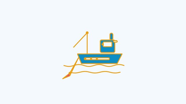 Seamless 4K looping animation of a flat fishing trawler icon casting net, centred on a clean light background with plenty of copy space. Bold outlined vector shapes in yellow and gold and smooth repea
