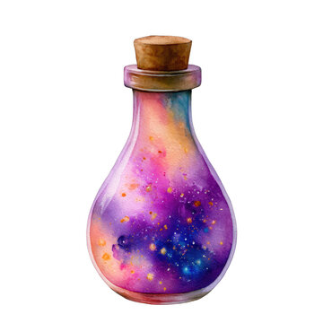 Whimsical watercolor potion bottle, isolated on transparent background