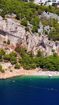Croatia, aerial view of the rocky coast, pine forest, and people relaxing on the beach by the turquoise sea