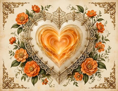 Glowing heart centerpiece framed by vintage orange roses and ornate golden scrollwork