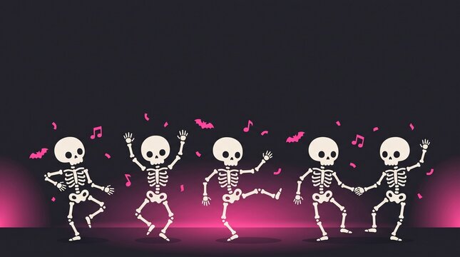 playful halloween skeletons dancing together on a dark stage with pink neon floor lighting, flying bats, musical notes and confetti, cheerful spooky party illustration with wide copy space