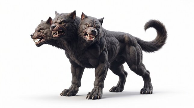 Three-Headed Monster Dog, Fierce Cerberus Guardian, Mythological Creature, Dark Fantasy Art