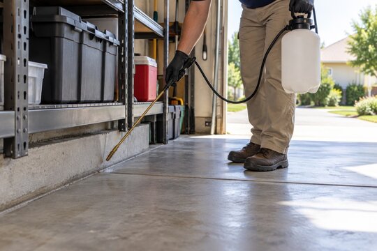 Professional pest control technician spraying insecticide along garage floor and foundation using pump sprayer for effective extermination service in residential home environment